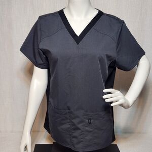 Scrubstar Pewter Scrubs Top Side Stretch Black Panels Pockets Large